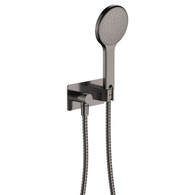 Fienza Kaya gun metal hand shower with rectangular wall plate and hose, shown mounted on white background