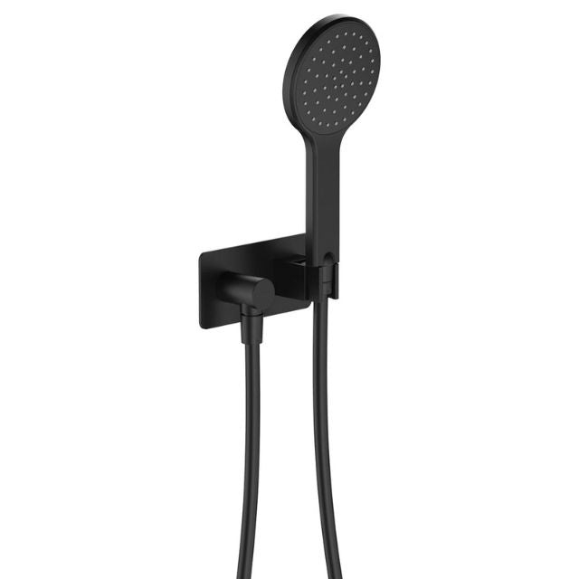 Fienza Kaya matte black hand shower with rectangular wall plate, hose and bracket, shown front on white background