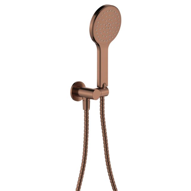 Fienza Kaya round hand shower in brushed copper with wall bracket and hose on white background