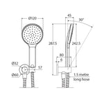 Fienza Kaya round hand shower technical drawing in brushed nickel, showing wall bracket, hose and measurements