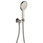 Fienza Kaya round hand shower set in brushed nickel, with wall bracket and flexible hose