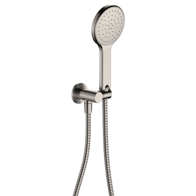Fienza Kaya round hand shower set in brushed nickel, with wall bracket and flexible hose