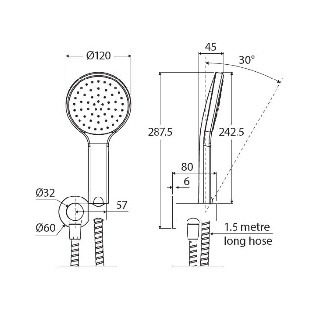 Fienza Kaya hand shower technical drawing, round chrome plate, wall bracket and hose with dimensions shown