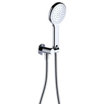 Fienza Kaya chrome round hand shower with wall bracket and hose, shown front on white background