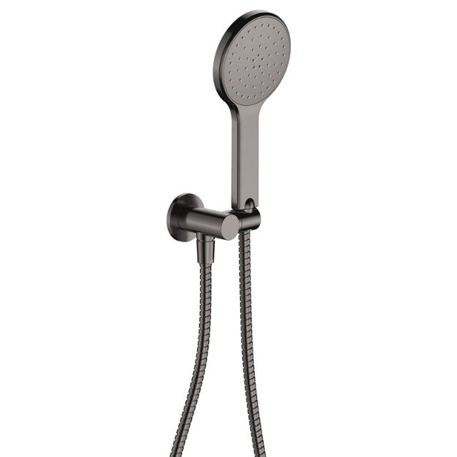 Fienza Kaya gun metal round plate hand shower with wall bracket and hose, front view