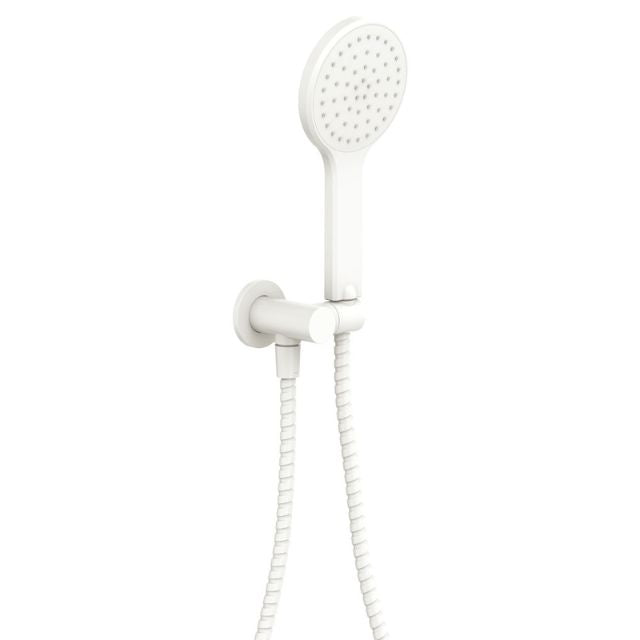 Fienza Kaya matte white round hand shower with wall bracket and hose, shown front on against a white background