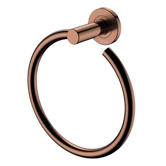 Fienza Kaya brushed copper hand towel ring with round wall plate, shown on white background
