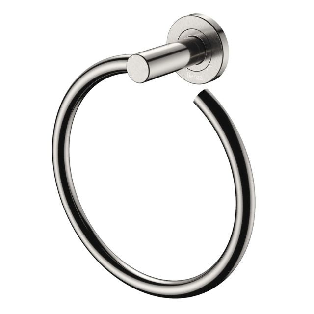 Fienza Kaya hand towel ring in brushed nickel with circular wall plate and open ring design