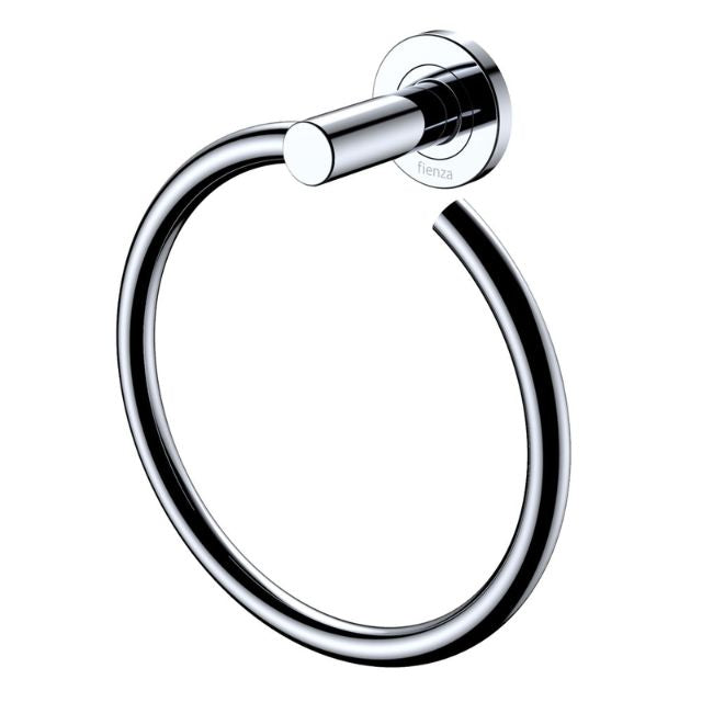 Fienza Kaya chrome hand towel ring with round wall plate, shown on white background