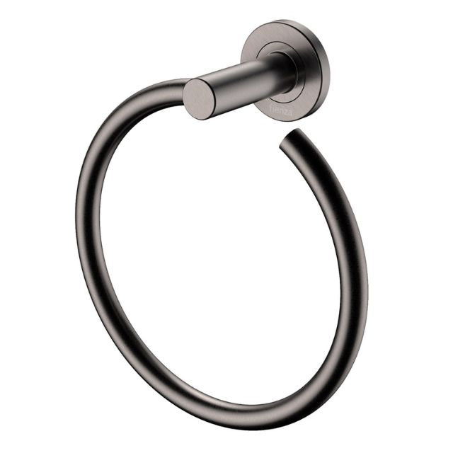 Fienza Kaya gun metal hand towel ring with round wall mount and concealed fixings
