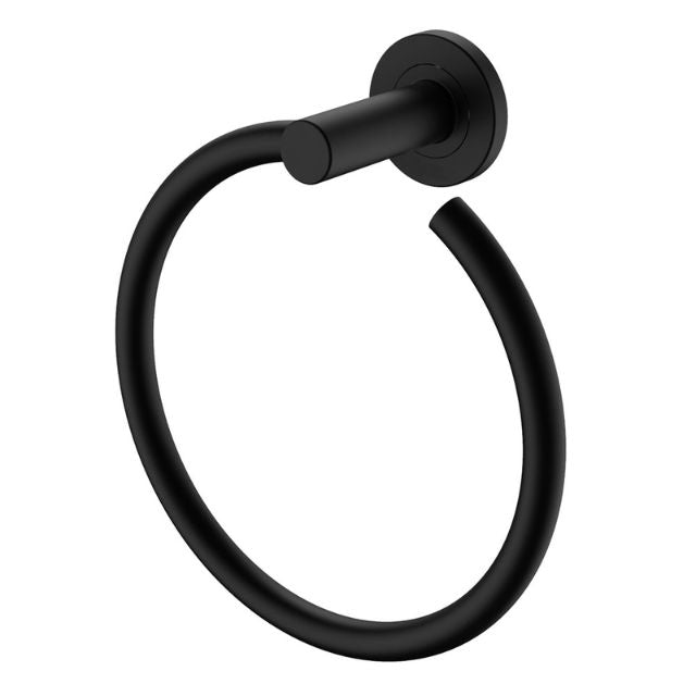 Fienza Kaya matte black hand towel ring with circular wall plate, bathroom accessory in a modern round design