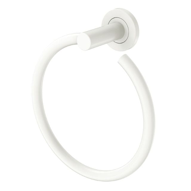 Fienza Kaya hand towel ring in matte white with circular wall plate, bathroom accessory on white background