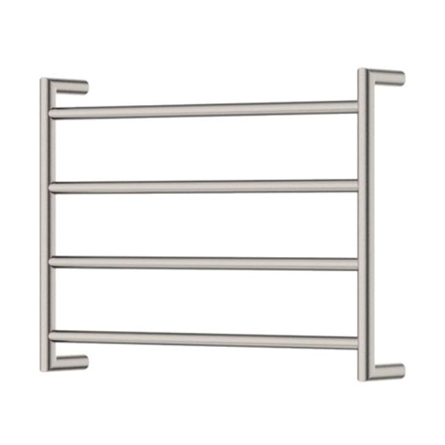 Fienza Kaya heated towel rail, brushed nickel, 4-bar round ladder design, front view on white background