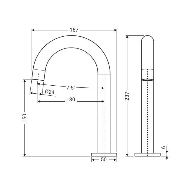 Fienza Kaya hob mounted basin/bath outlet technical drawing in matte white, showing 167mm length and 130mm reach
