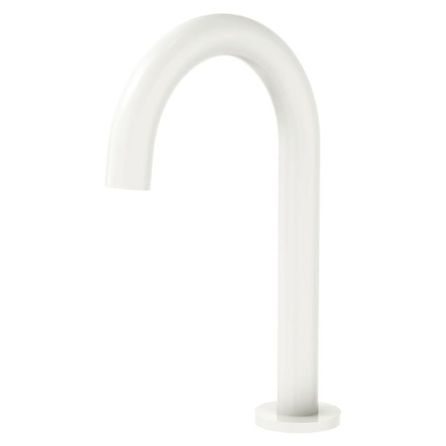 Fienza Kaya hob mounted basin/bath outlet spout in matte white, fixed arched tap shown on white background