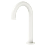 Fienza Kaya hob mounted basin/bath outlet spout in matte white, fixed arched tap shown on white background