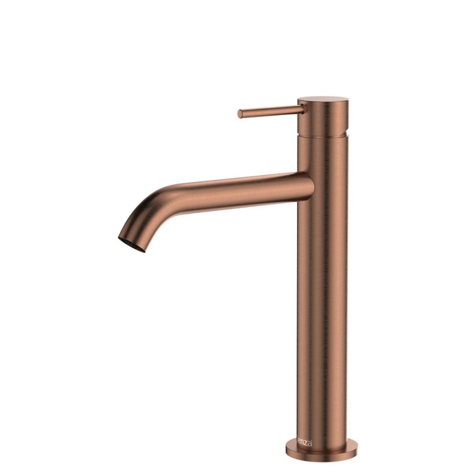 Fienza Kaya medium basin mixer in brushed copper, with curved spout and slim lever on white background