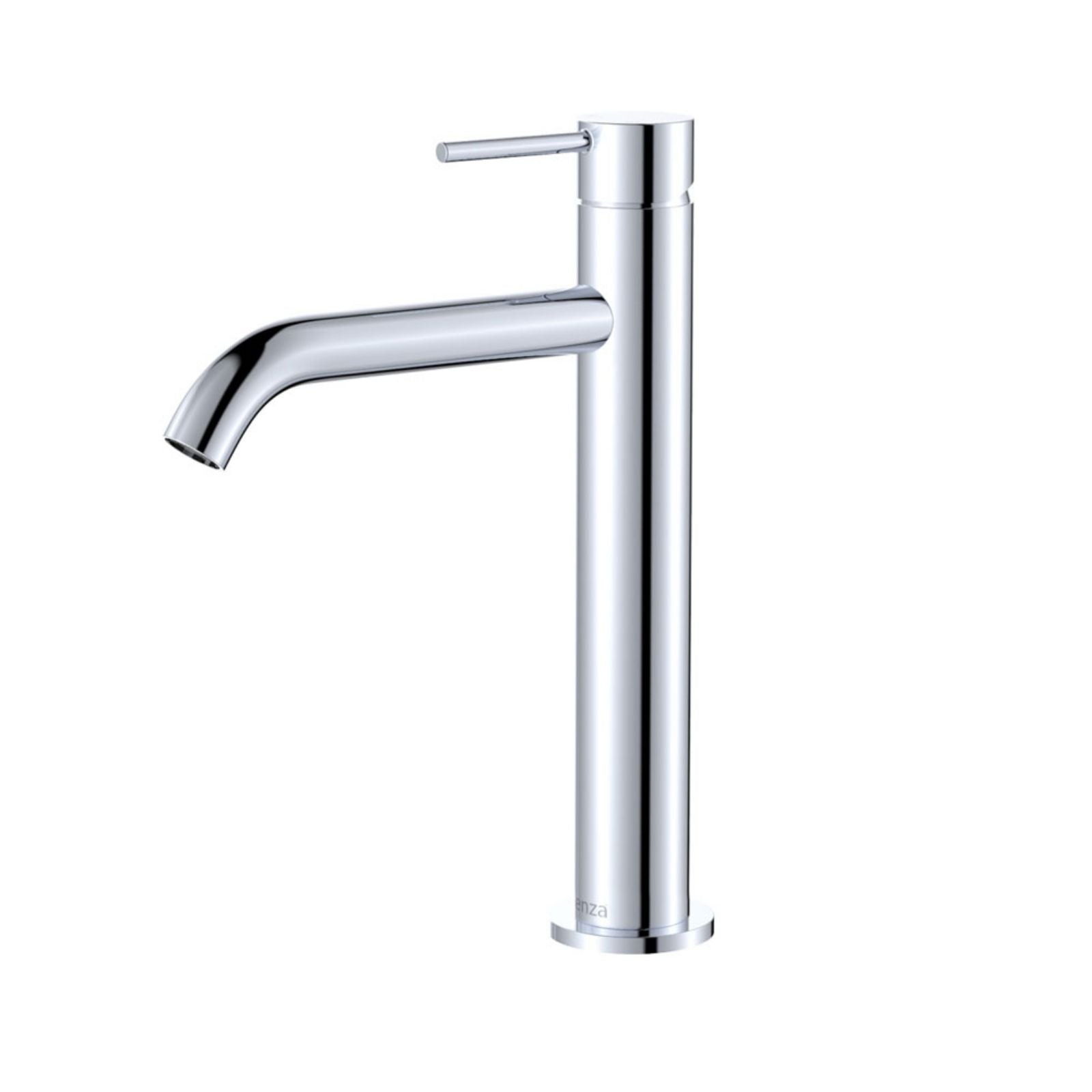 Fienza Kaya medium basin mixer in chrome with curved spout and pin lever handle, isolated on white background