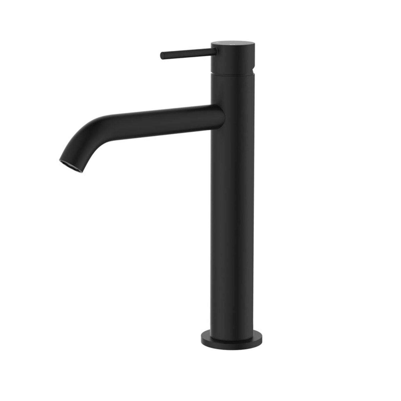 Fienza Kaya medium basin mixer in matte black, shown front-on with curved spout and round lever handle