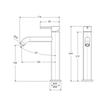 Fienza Kaya medium basin mixer technical drawing in matte white, showing side and front views with dimensions marked