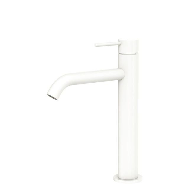Fienza Kaya medium basin mixer in matte white, side view, with curved spout and pin lever handle