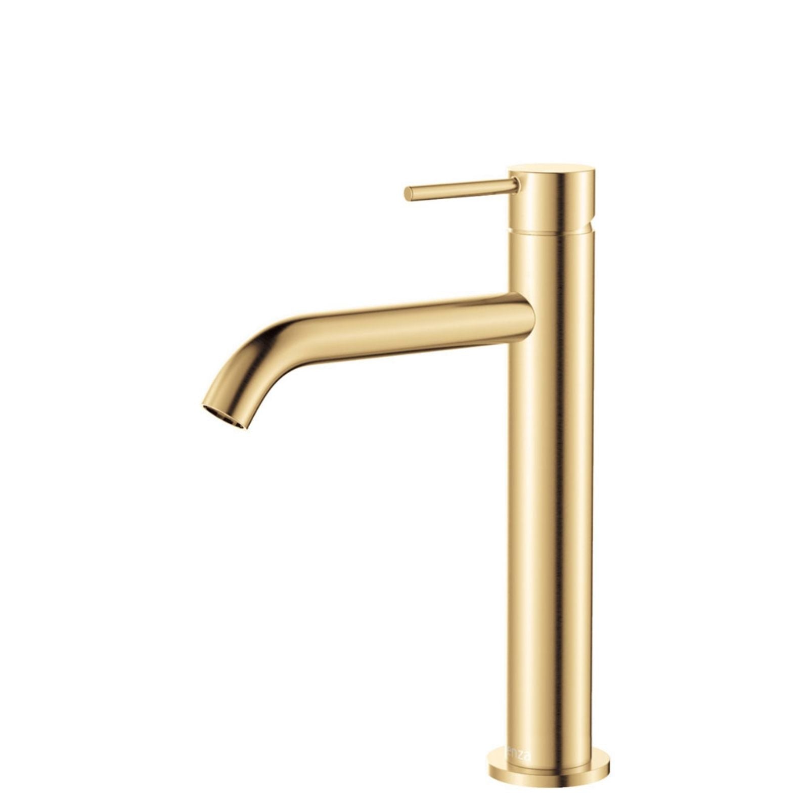 Fienza Kaya medium basin mixer in urban brass, featuring a curved spout and round lever handle on a tall cylindrical base