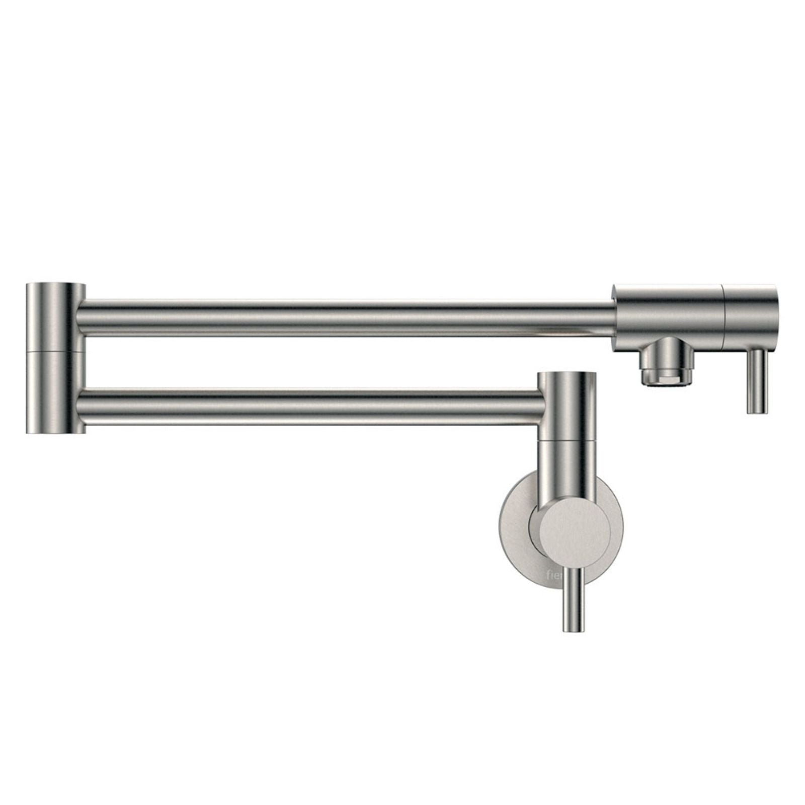Fienza Kaya brushed nickel wall-mounted pot filler tap with extendable double arm, shown folded out on white background