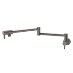 Fienza Kaya wall-mounted pot filler tap in gun metal, shown extended with fold-back arm and round wall plate