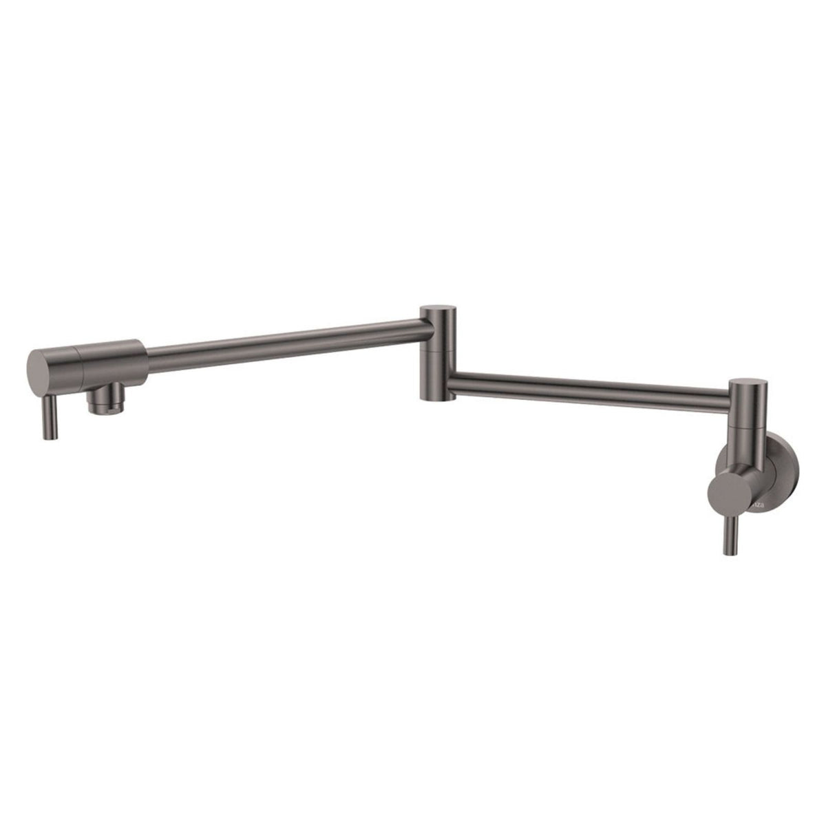 Fienza Kaya wall-mounted pot filler tap in gun metal, shown extended with fold-back arm and round wall plate