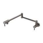 Fienza Kaya wall-mounted pot filler mixer in gun metal finish, with extendable folding arm and round wall plates