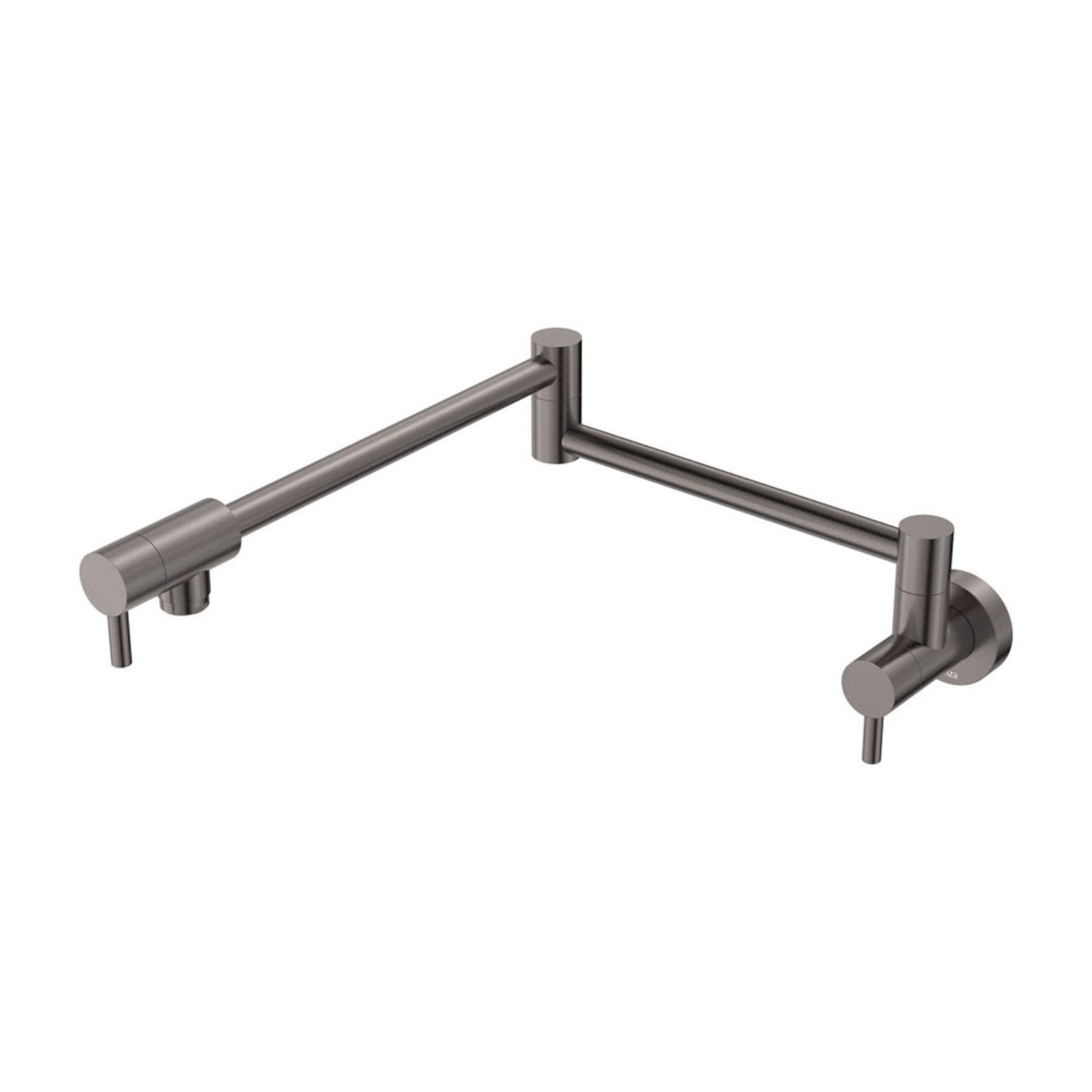 Fienza Kaya wall-mounted pot filler mixer in gun metal finish, with extendable folding arm and round wall plates