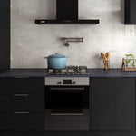 Fienza Kaya wall-mounted pot filler mixer in gun metal above a cooktop in a modern kitchen view