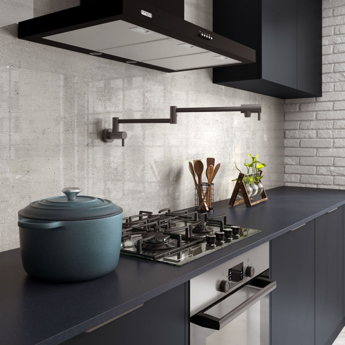 Fienza Kaya gun metal wall-mounted pot filler above a modern cooktop in a dark kitchen setting