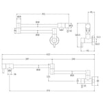 Fienza Kaya wall-mounted pot filler tap technical drawing in gun metal, showing extended and folded arm dimensions.