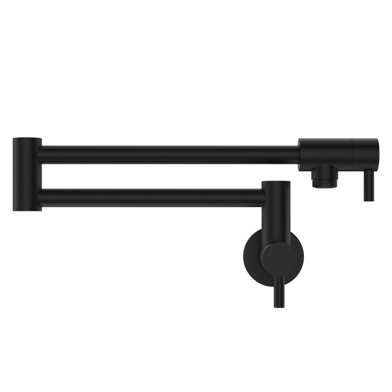 Fienza Kaya wall-mounted pot filler tap in matte black, shown extended with fold-back arm and cylindrical mixer body
