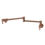 Fienza Kaya brushed copper pot filler wall mixer, extended two-arm tap on white background