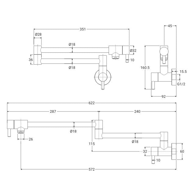 Technical drawing of Fienza Kaya wall-mounted pot filler mixer in brushed copper, showing folded and extended arm dimensions.