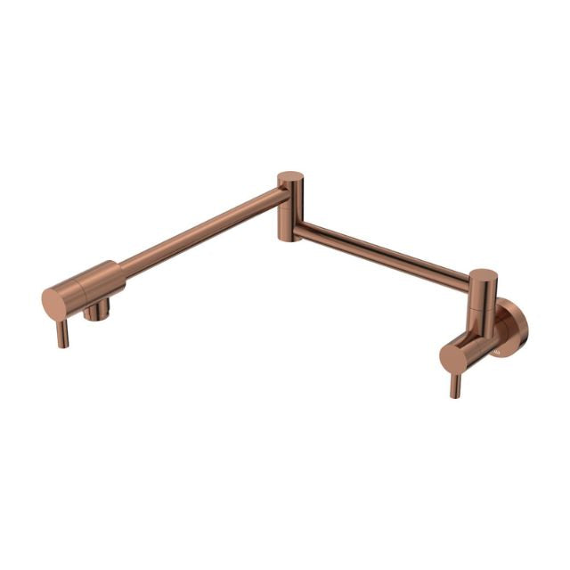 Fienza Kaya wall-mounted pot filler mixer in brushed copper, with extendable folding arm