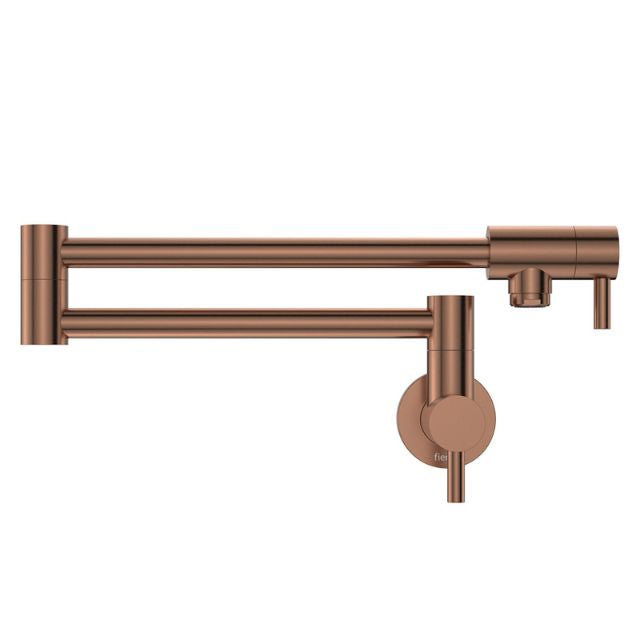 Fienza Kaya brushed copper wall-mounted pot filler tap with fold-out double arm, front view