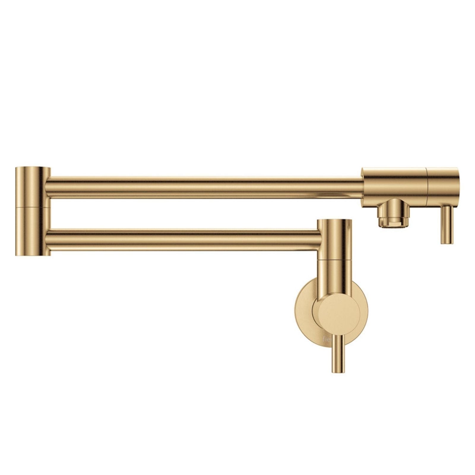 Fienza Kaya wall-mounted pot filler mixer in Urban Brass, folded back with extendable arm and round wall plate