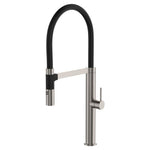 Fienza Kaya pull down sink mixer in brushed nickel with black hose and round lever handle on a white background