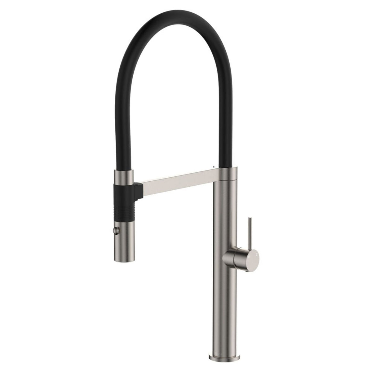 Fienza Kaya pull down sink mixer in brushed nickel with black hose and round lever handle on a white background