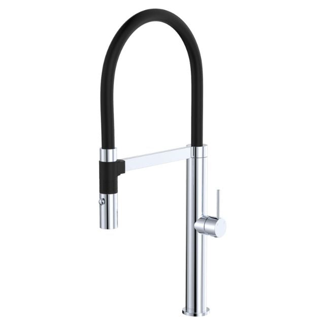 Fienza Kaya pull down sink mixer in chrome with black hose, swivel spout and side lever, on white background