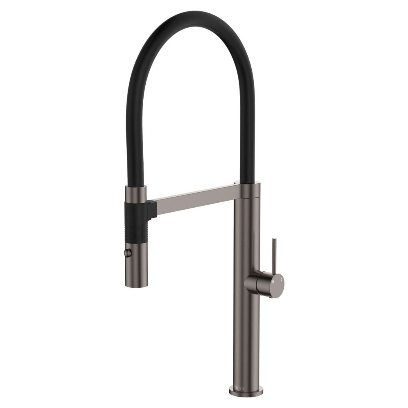 Fienza Kaya pull down sink mixer in gun metal, with high-arc black hose and round lever handle, isolated on white