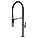 Fienza Kaya pull down sink mixer in gun metal, with high-arc black hose and round lever handle, isolated on white