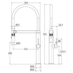 Fienza Kaya pull down sink mixer technical drawing, gun metal, with dimensions and side/front views