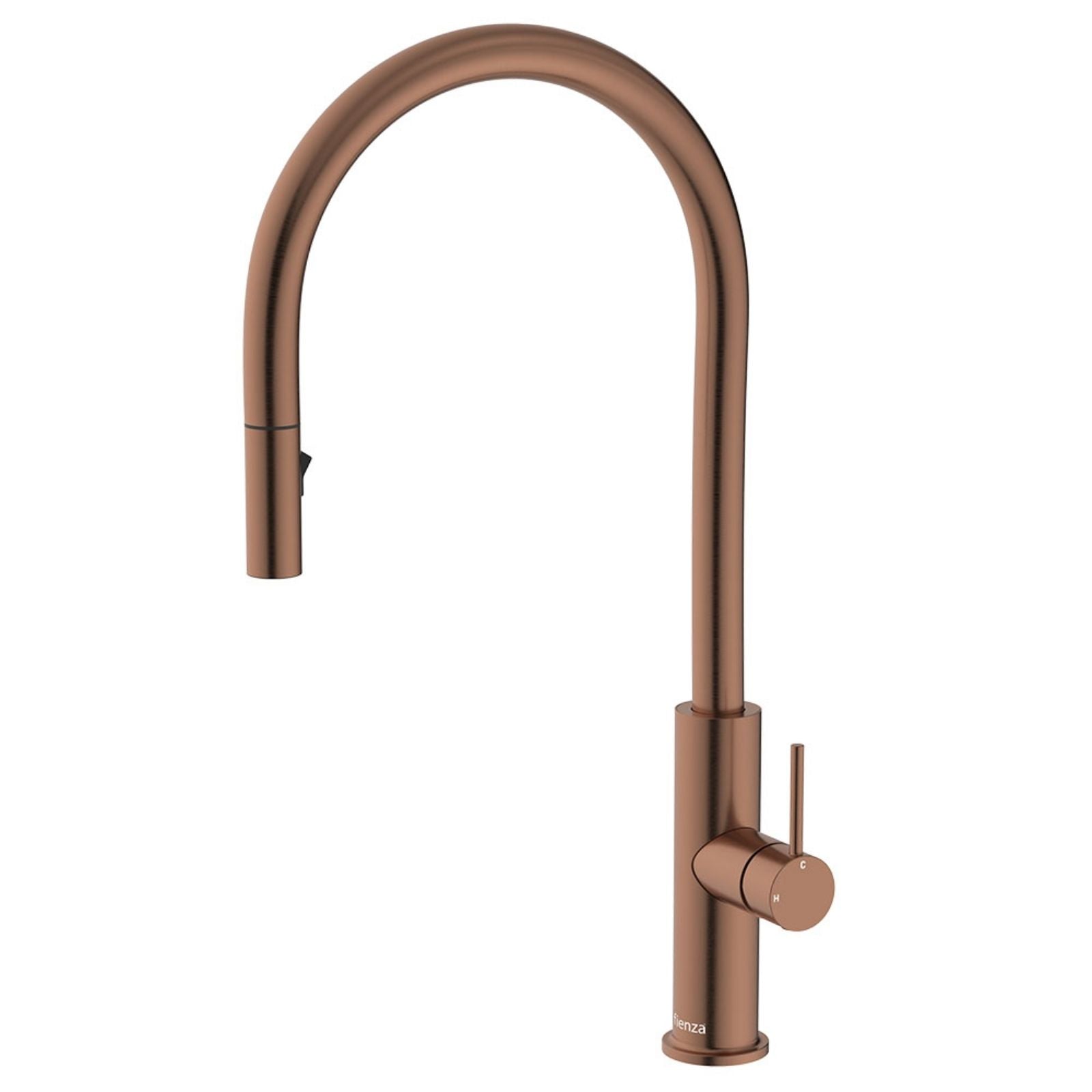 Fienza Kaya pull out sink mixer in brushed copper, shown on a white background with gooseneck spout and lever handle