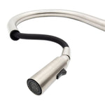 Fienza Kaya pull out sink mixer in brushed nickel, showing the spray nozzle and black hose on white background