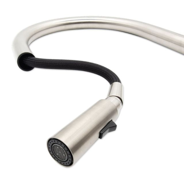 Fienza Kaya pull out sink mixer in brushed nickel, showing the spray nozzle and black hose on white background