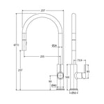 Fienza Kaya pull out sink mixer technical drawing in brushed nickel, showing side and front views with dimensions.